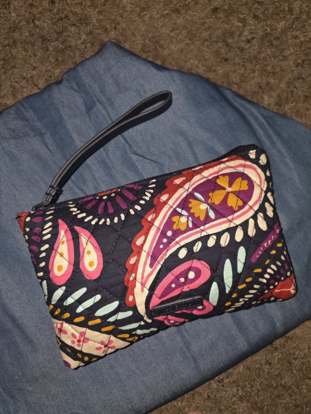 Vera Bradley Navy Quilted Paisley Wristlet with Pink & Purple Accents